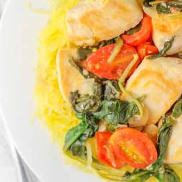 Lemon Chicken Spaghetti Squash with Spinach & Tomatoes