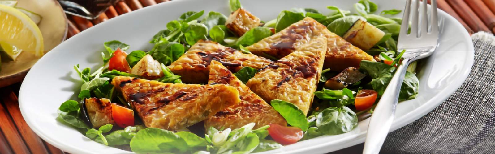 Grilled Tempeh with Roasted Eggplant & Watercress