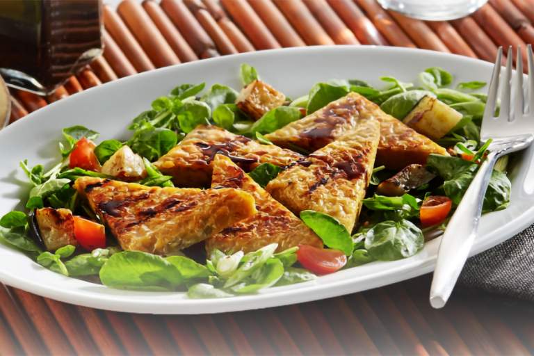 Grilled Tempeh with Roasted Eggplant & Watercress
