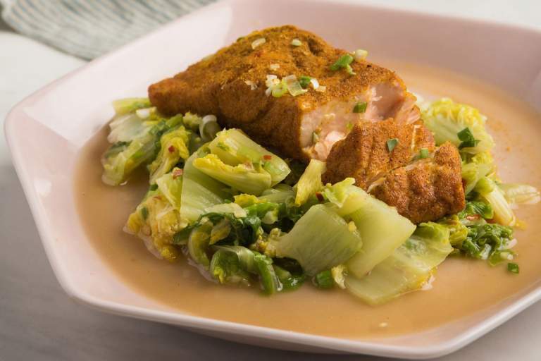 Curry Crusted Salmon with Chili Braised Napa Cabbage