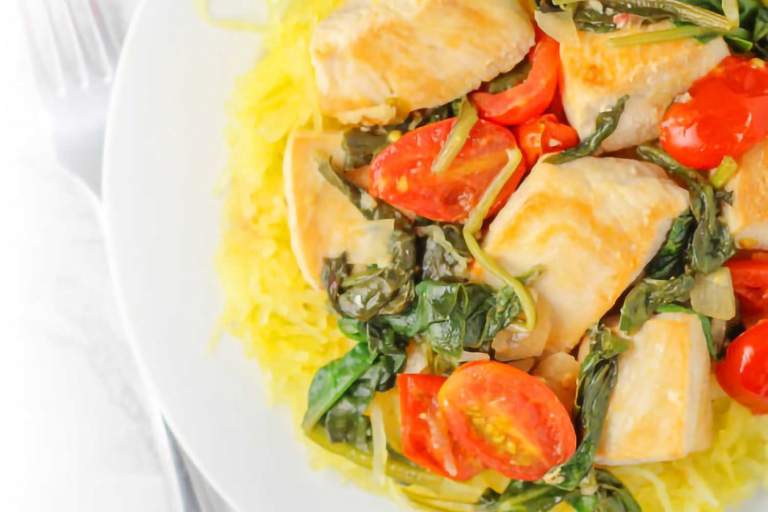 Lemon Chicken Spaghetti Squash with Spinach & Tomatoes